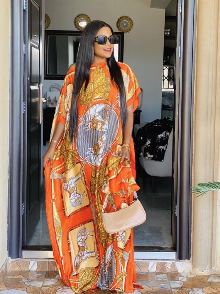

Ethnic Clothing Fashion Printed Summer Sexy Silk Kaftan Dress Boho Long Full Length Holiday Women Beach Caftan African Dresses