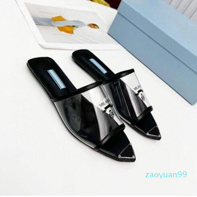 

Summer Transparent PVC Luxury Slippers Sandals Slides Womens Leather Sole&Inside Enameled Metal Triangle Logo Ladies Flat Shoe Size 34-41 km