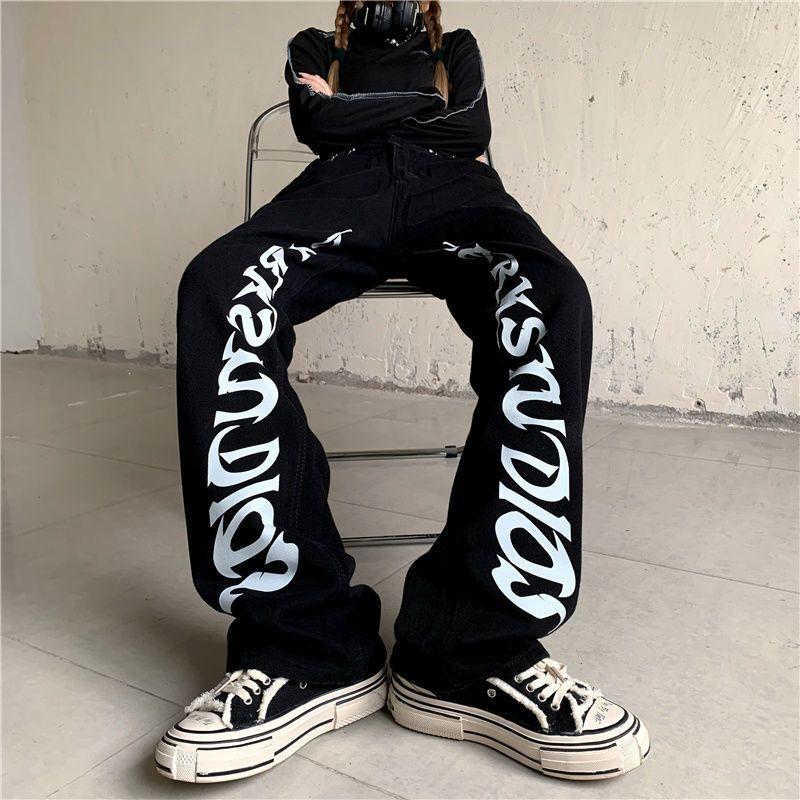 

Men' Jeans Hip-hop Women Letter Printed Trousers Autumn Korean Fashion High Waist Vintage Casual Straight Wide Leg Pants Trend, Black