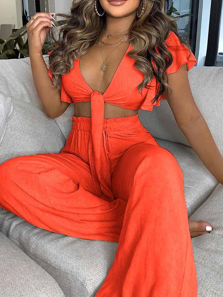 

Women' Two Piece Pants Amoi Flounces Knot Short Sexy Blouse And High Waist Printed Wide-leg Suit Free Of Postage. SuitWomen, Green