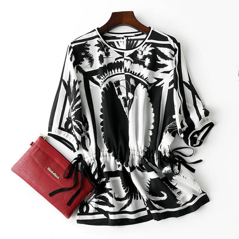 

Women's Blouses & Shirts Fashon Summer Runway High Quality 3/4 Sleeve Contrast Color Print Loose Party Casual Plus Size Blouse, Gray