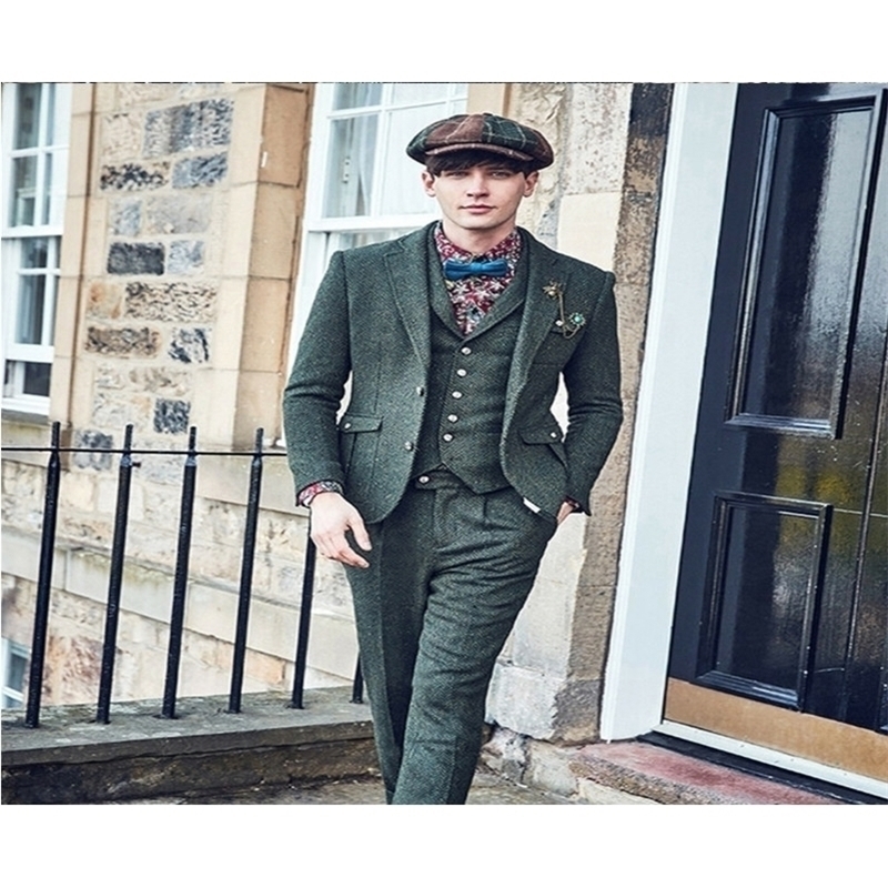 

Army Green Vintage Mens Herringbone Suit Wool 3 pieces Two Button British Leisure Suits Tuxedos 201104, Lavender