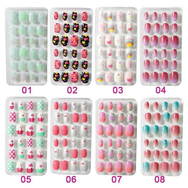 

24PCS/Lot Candy False Nail Tips Press On Children Cartoon Full Cover Kid Glue Self Fake Art For Girls Manicure T345 Prud22
