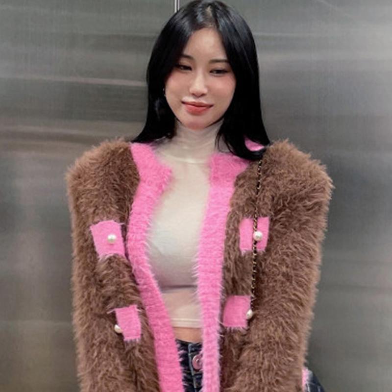 

Women's Knits & Tees Autumn Women's Clothing Sweater Korean Fashion Retro Color Matching Mink Hair Khaki Knitting Long Sleeves Cardigan