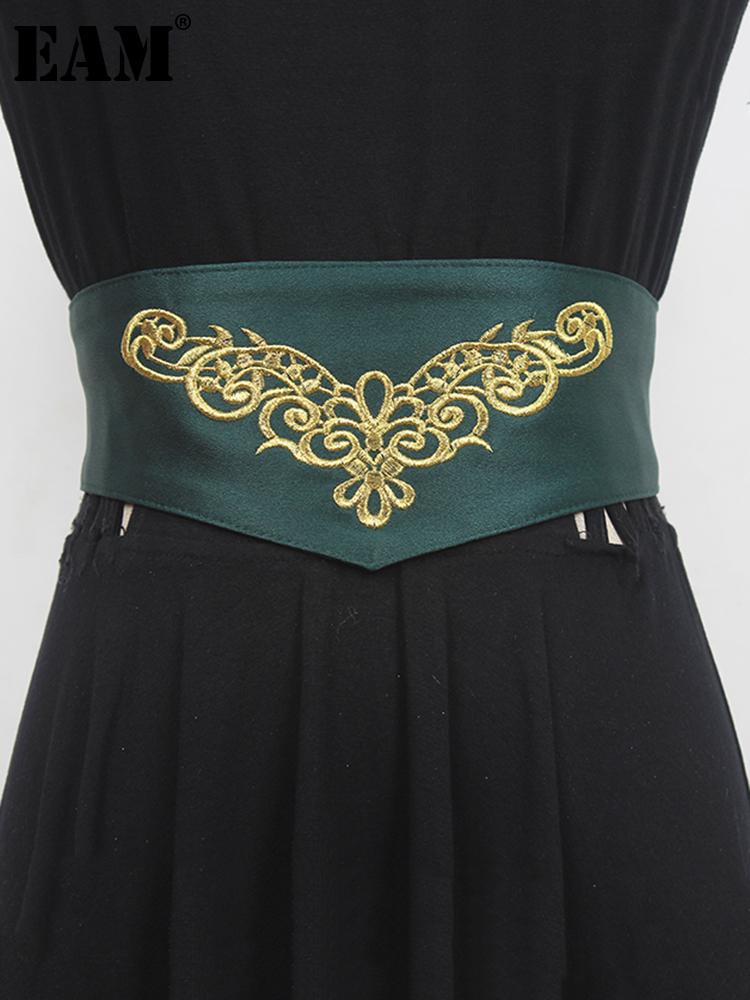 

Belts [EAM] Green Embroidery Irregular Long Wide Elastic Belt Personality Women Fashion Tide All-match Spring Autumn 2022 1DE7446