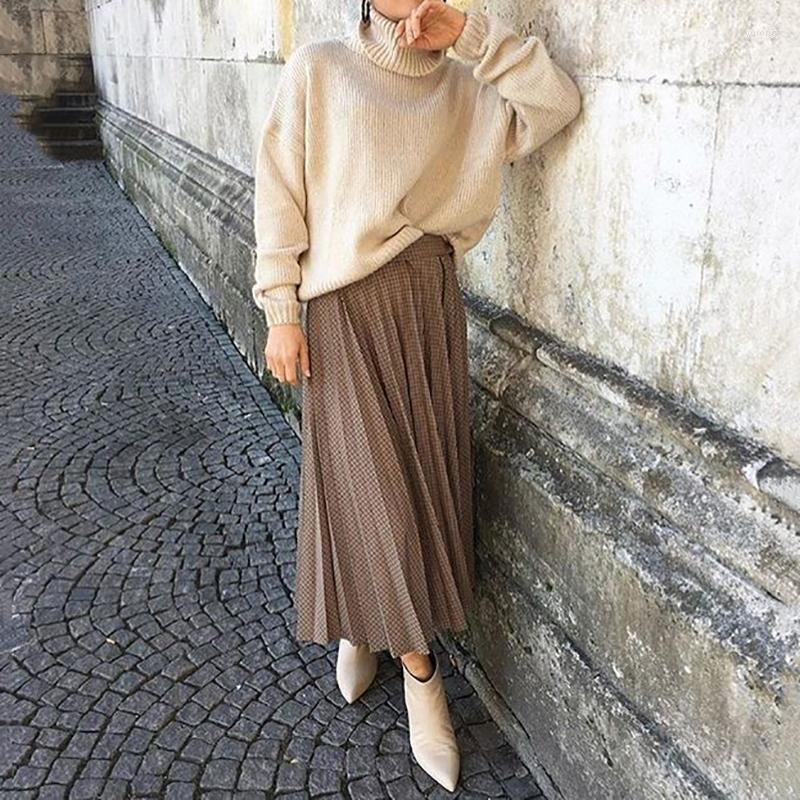 

Skirts Elegant Ladies Pleated Fashion Women High Waist Plaid Midi Skirt Casual Empire Mid-Calf Khaki Summer Shirts Big Size, Zx19 khaki
