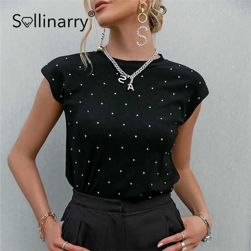 

Sollinarry High street ins style women T-shirt summer Polka dot O-neck sleeveless T shirts Casual outfit Shoulder padded top 210709, Black