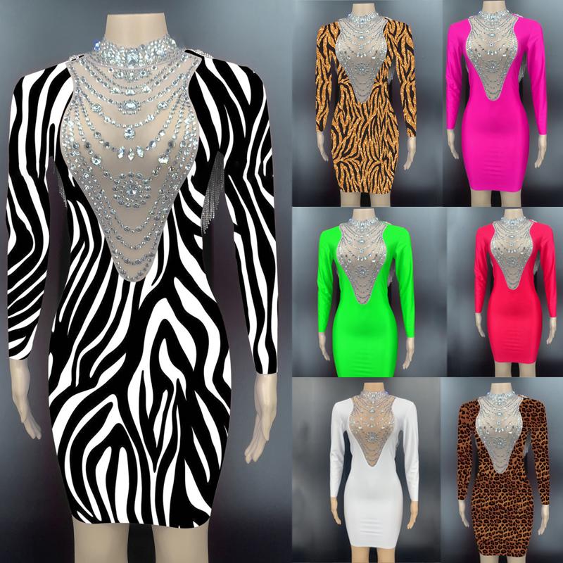 

Stage Wear Women Craystal Chain Leopard Dress Sexy Rhinestone Fringed Short Birthday Celebrate Outfit Evening Prom Dresses XS3482Stage