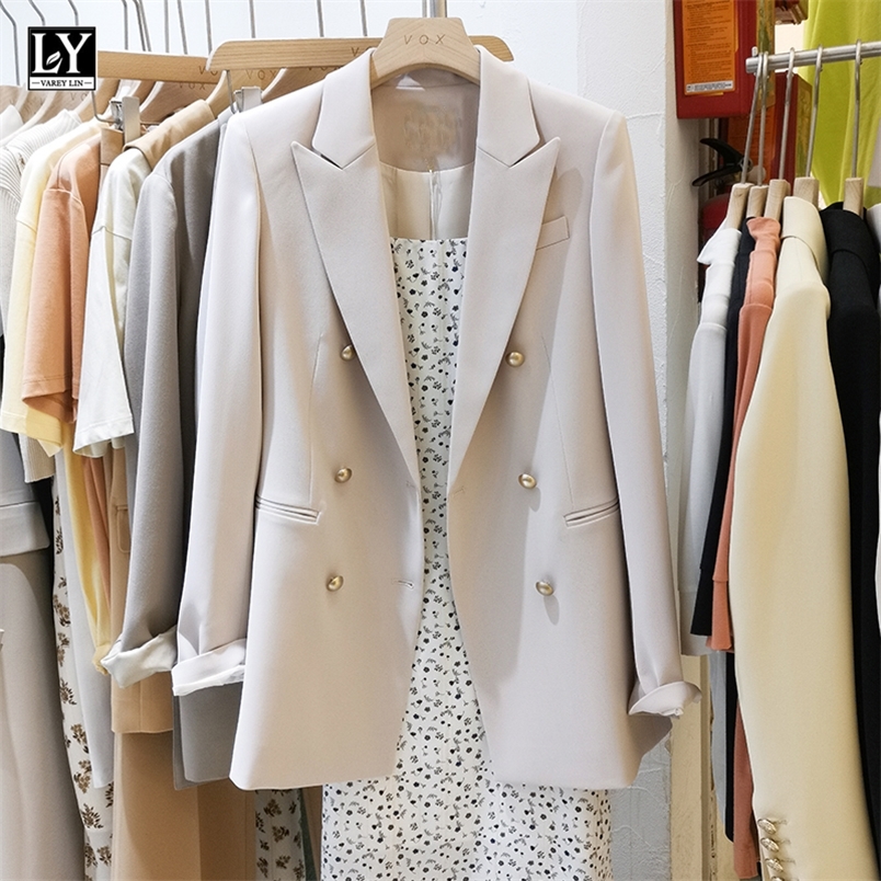 

LY VAREY LIN Spring Autumn Vintage Women Long Sleeve Solid Blazer Office Ladies Notched Collar Double Breasted Blazer 220402, Beige