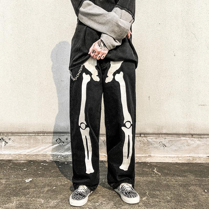 Men's Jeans American Retro Printed Casual Trendy Brand Hiphop Street Loose Straight Trousers High Ins Wide-leg Pants