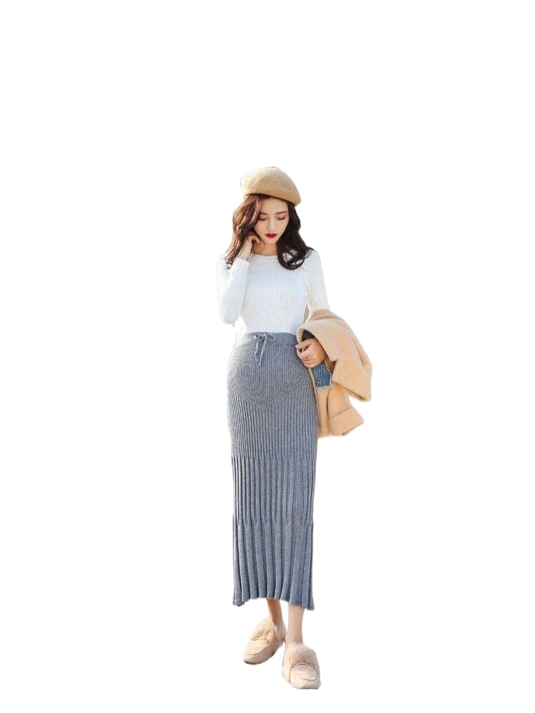 skirts Autumn Winter Pregnant Woolen Skirt Stomach Lift Middle Split Vertical Stripes Frills Hem d1d4#-image-790074076