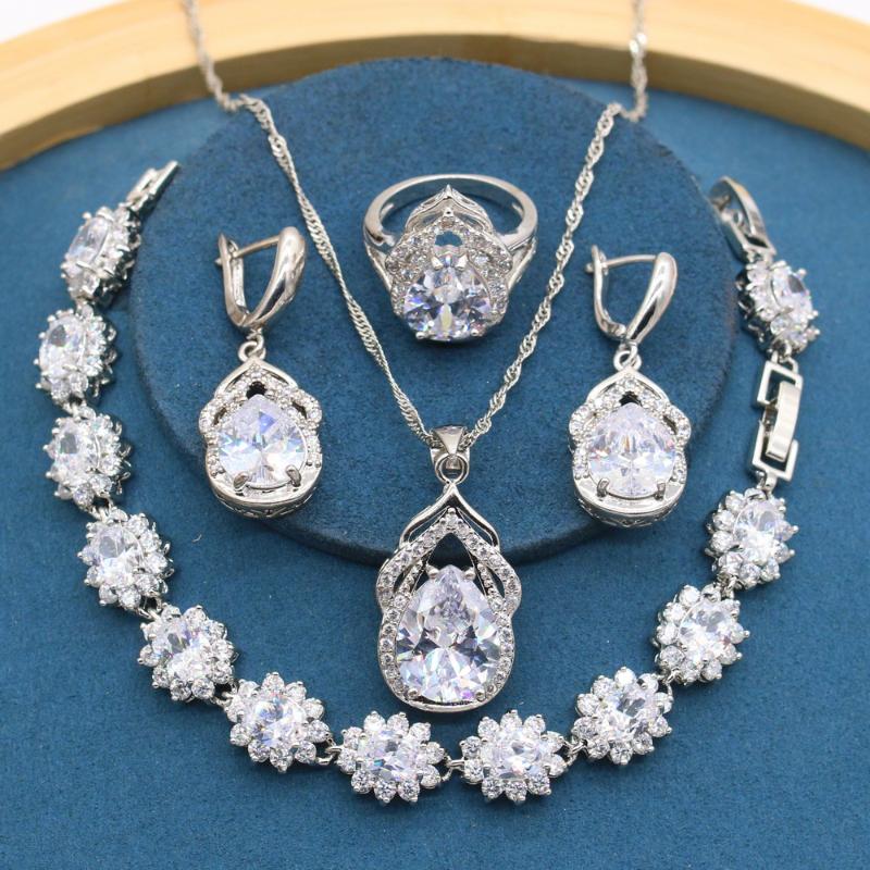 

Earrings & Necklace Classic Huge White Stones Silver Color Jewelry Sets For Women Wedding Bracelet Pendant Ring Gift BoxEarrings, As pic