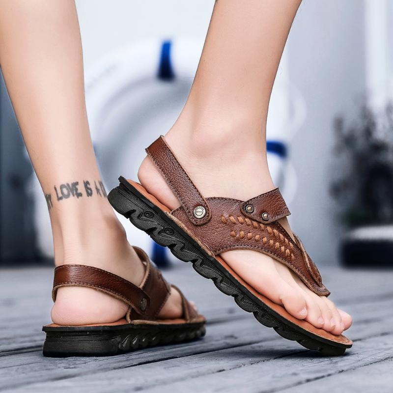 

Sandals Leather Roman Mens Shoes Men Luxury Casual Summer Plage Sandales Samool Sandalias De Hombre Gladiator For, Black