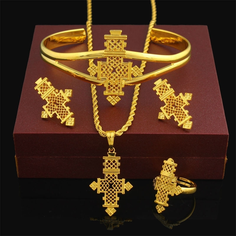 

HOT Ethiopian Jewelry sets 24K Gold Color Coptic Crosses Sets Kenya NigeriaSudanEritrea Habasha Wedding Jewelry 201222
