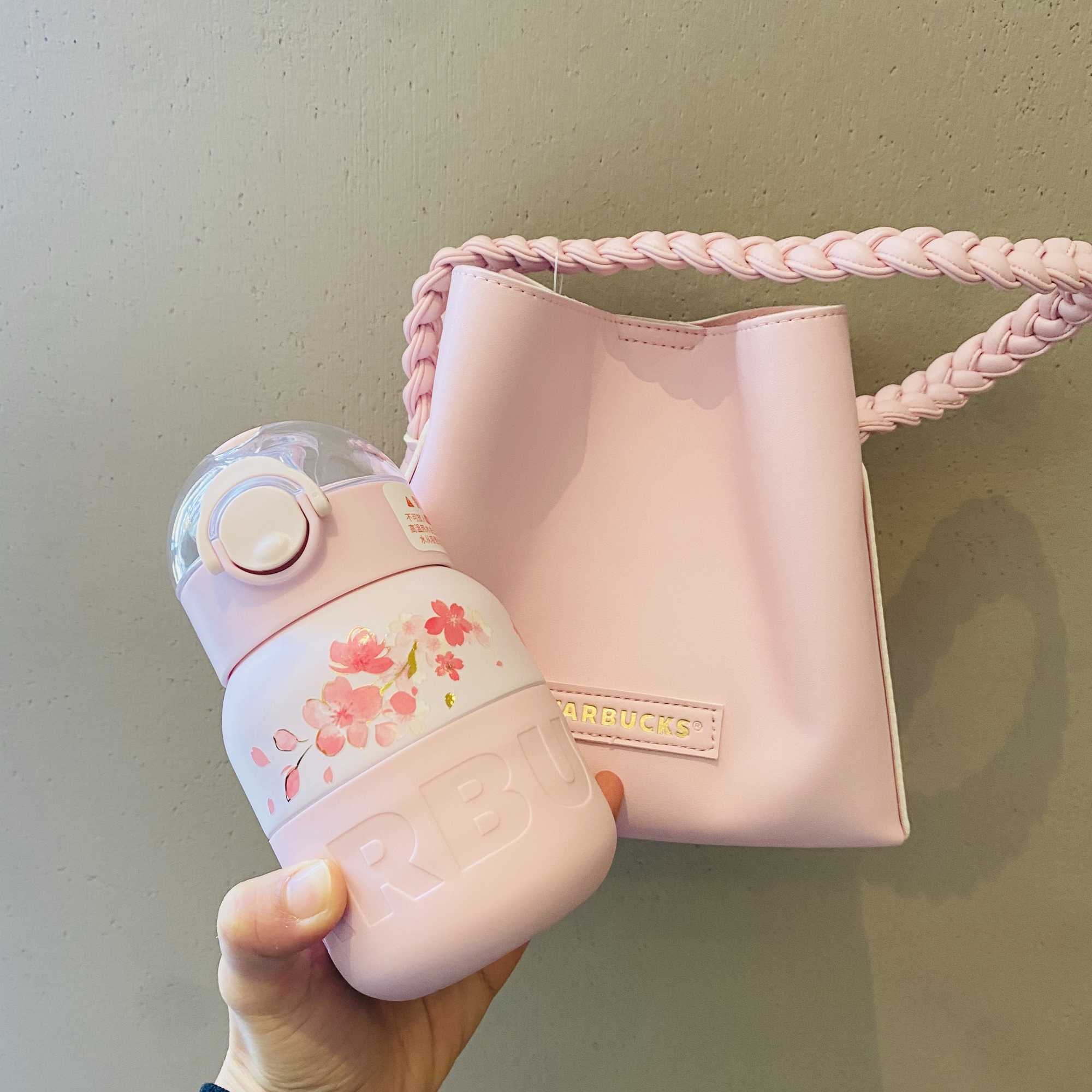 

2022 Starbucks cherry blossom season cup 375ml Cherry Blossom stainless steel straw cup with pink hand bag set, Yellow