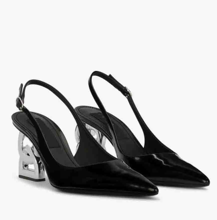 

Women weddign dress pump luxury brands shoes lollo 75mm sandal slingback pumps polished leathers pointed toe with dc pop heels, Black