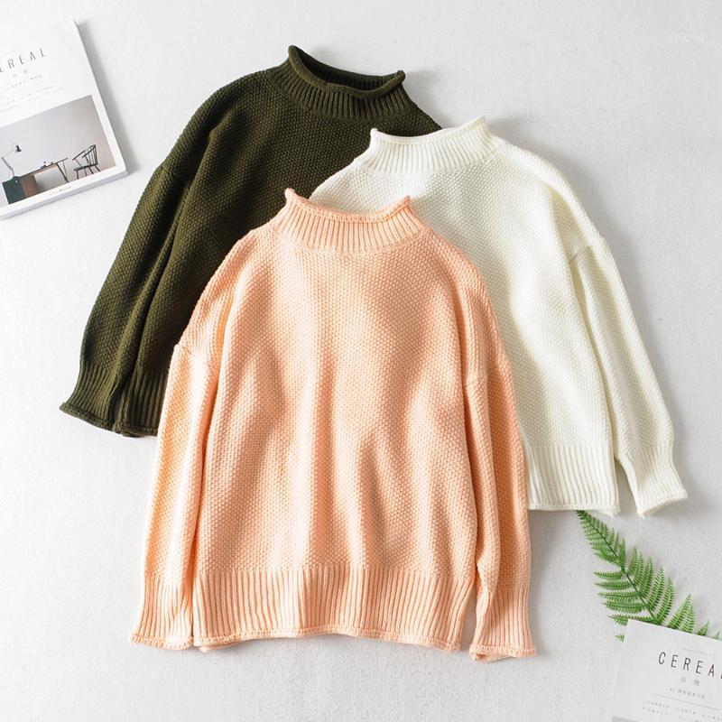 

Women Autumn Loose Sweater Casual Style Solid Long Sleeve Pullover High Collar Knitwear Female Warm Winter Tops, White