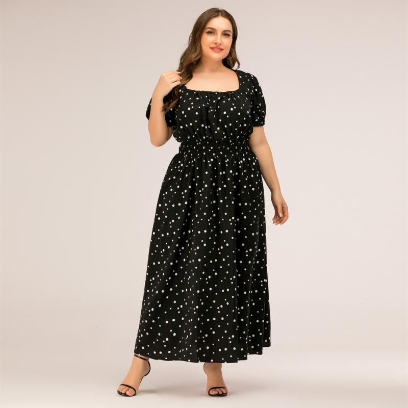 

Plus Size Dresses Women Dress Dot Short Sleeve Larges Big Plussize Square Collar Long Clothes Casual Wear For FemalePlus, 056