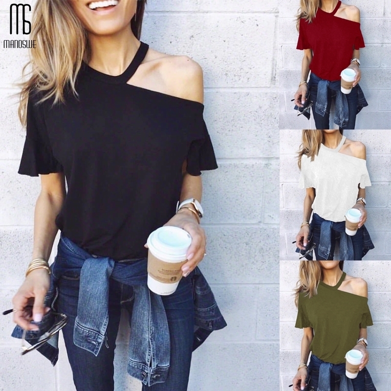 

Manoswe Sexy One Shoulder T Shirt Fashion Butterfly Sleeve Black Shirt Tops Summer Casual Halter Party Tee Shirt Y200109