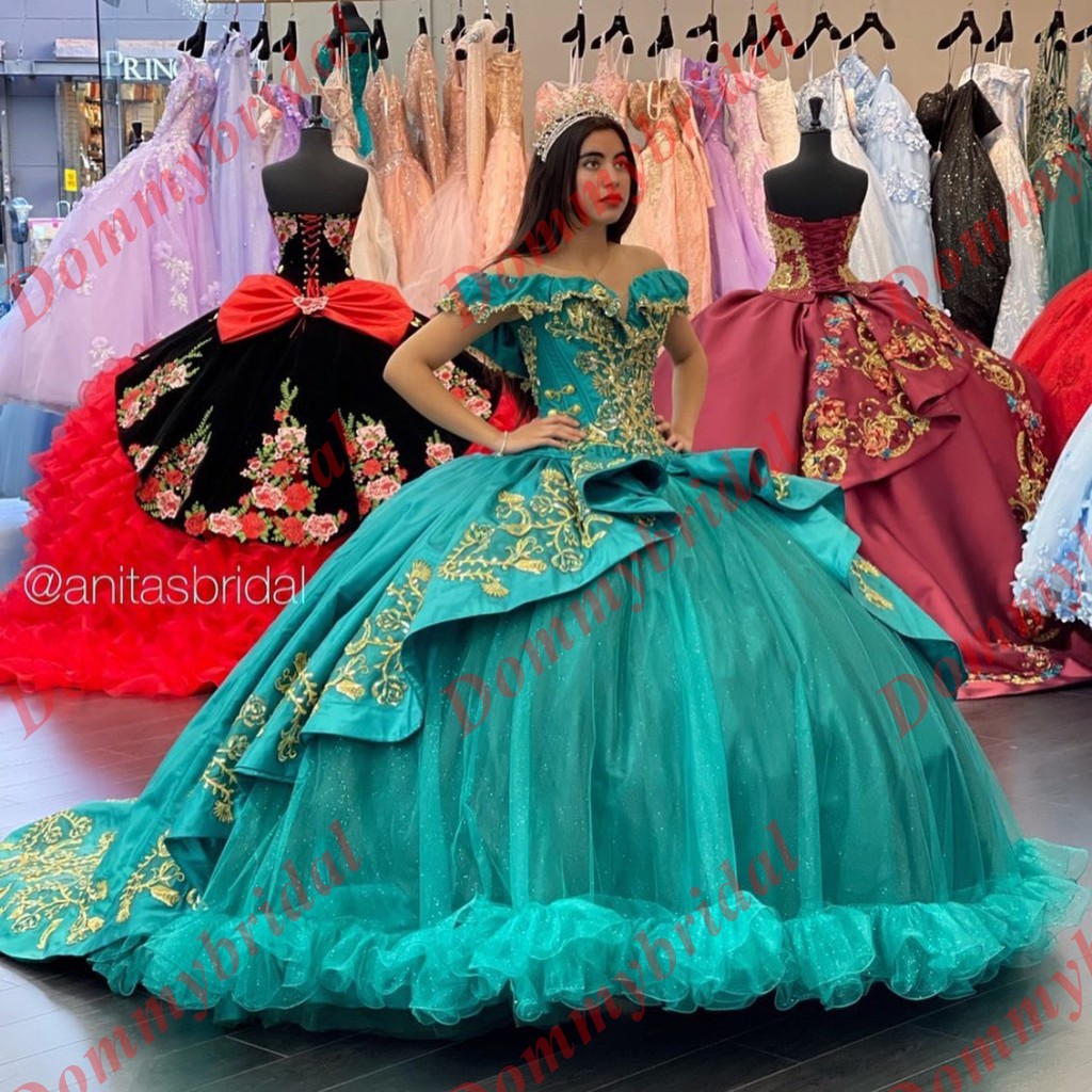 

Modern Hunter Green Gold Embroidery Quinceanera Prom Dresses Charro Ball Gown 2023 Off the shoulder Puffy Vestido De 16 Anos Party Evening Long Sweet 15 Corset Back, Coral