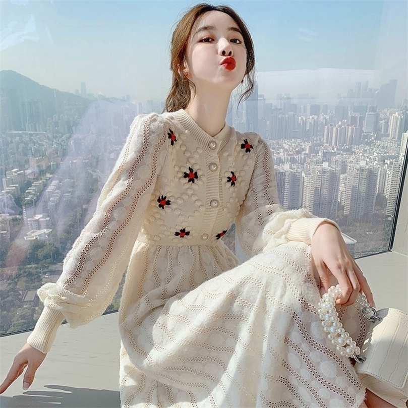 

Knitting Sweater Maxi Dresses for Women Female Korea Style Slim Embroidery Wool Long Sleeve Woman Dress Party Autumn Winter 220402, Apricot