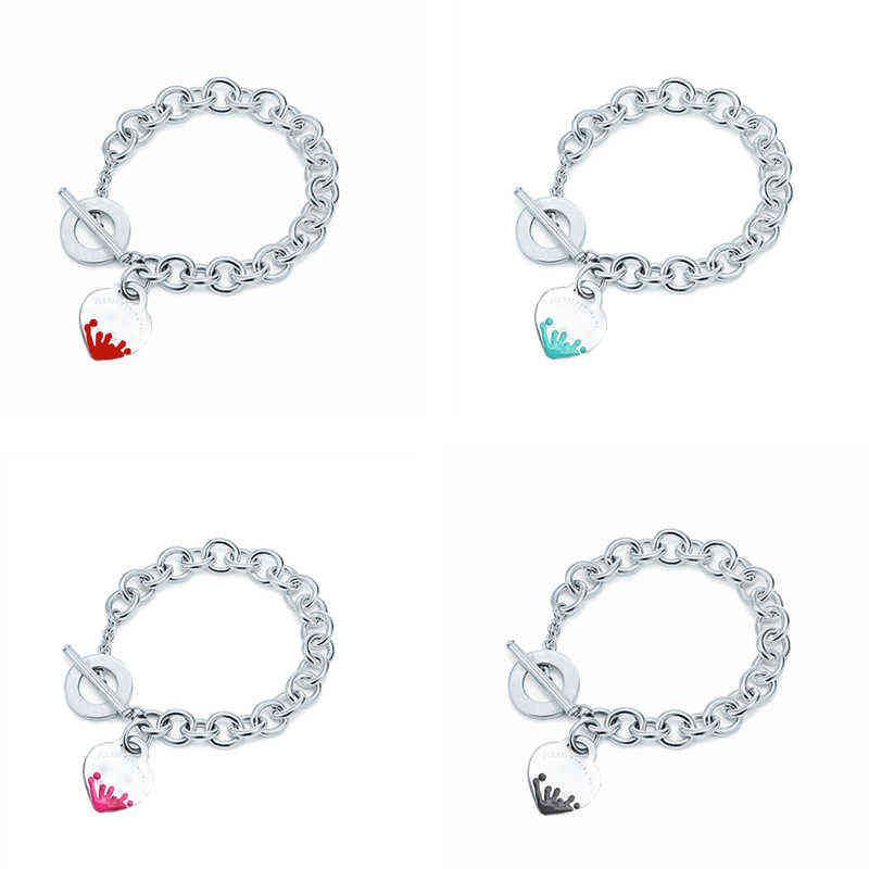 

Woman 925 Sterling Silver Classic Green Red Splash Enamel Heart-shaped O-shaped Tiff Bracelet Luxury Fashion Brand Jewelry Gift G220510