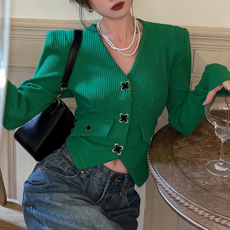 

Women' Jackets 2022 Design Sense Threaded Cardigan Jacket In Autumn Winter Inside A Slim Show-Thin Short Section V-neck Top, Black