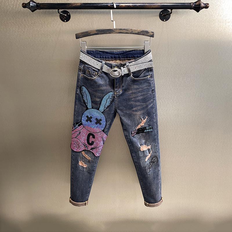 

Women's Jeans 2022 Spring Autumn Feminine Denim Pants Cartoon Drilling Embroidery Beading High Waist Skinny Pencil For Mujer, Blue