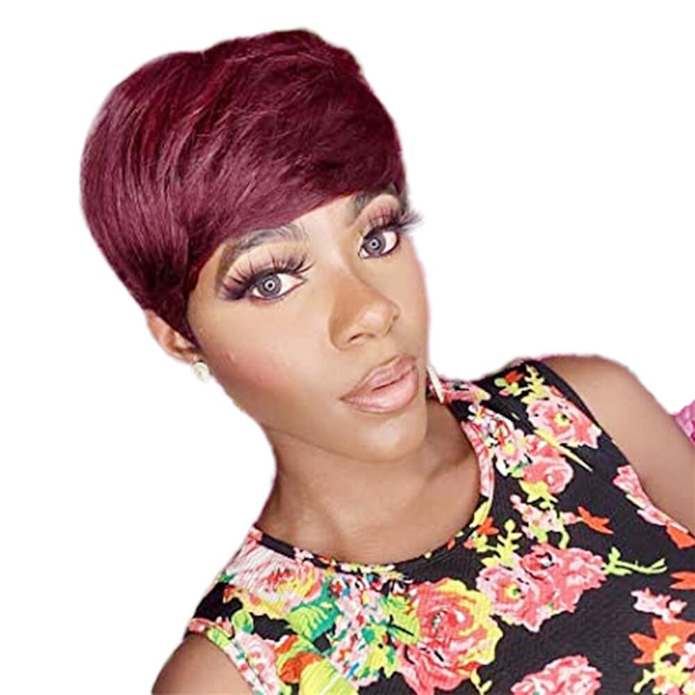 

Burgundy 99J Color Short Bob Pixie Cut Wig With Bangs Natural Straight Wave Indian Remy Human Hair Wigs For Black Women
