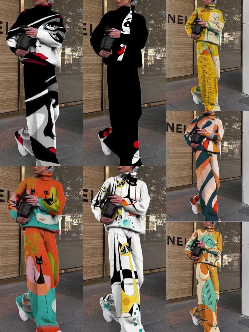 

Women' Two Piece Pants 2022 European And American Spring Autumn Print Loose Casual Fashion Multicolor Two-piece Suit, White