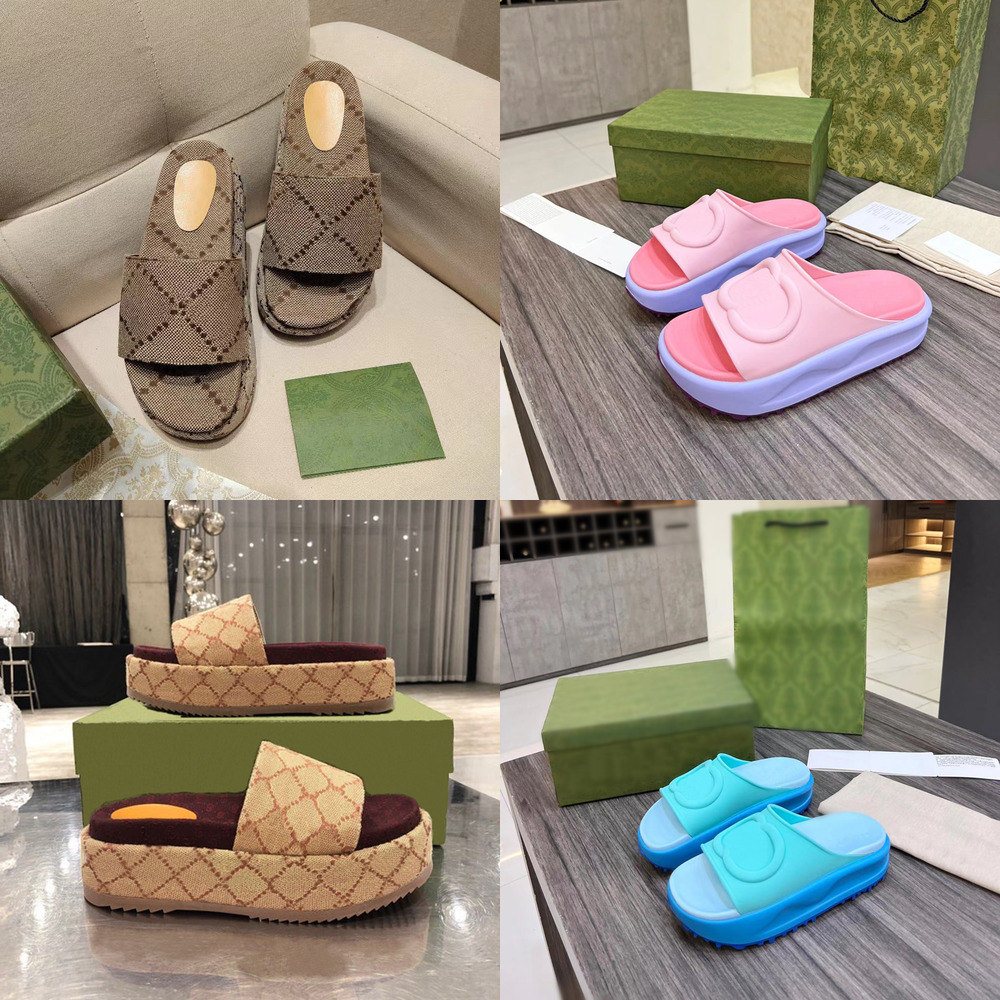 

2022 Womens Fashion Embroidered Canvas Designer Slides Slip On Slippers Girls 60mm Canvas Covered Platform Sandals With Box And Dust Bags, #13