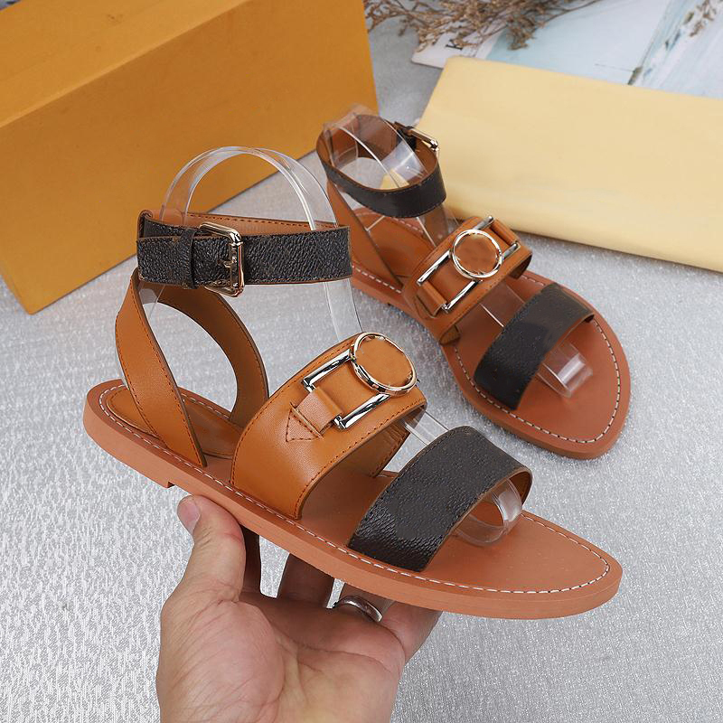 

Ankle Strap Cross Buckle Accessories Adjustment Summer College School Flat Sandals Ladies Elegant Calf Leather Outsole Sandals Strap Box Large Size Eu35-43 NO363