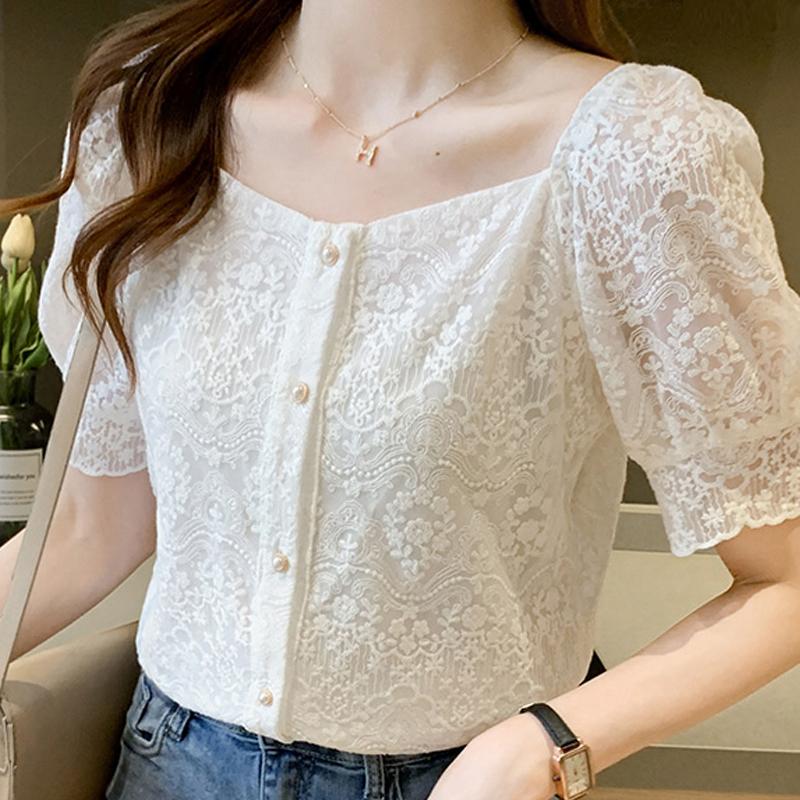 

Women' Blouses & Shirts Blusas Femme Top Summer Short Sleeve Tops Women Mujer De Moda 2022 Blouse V-Neck Lace Shirt E883, White