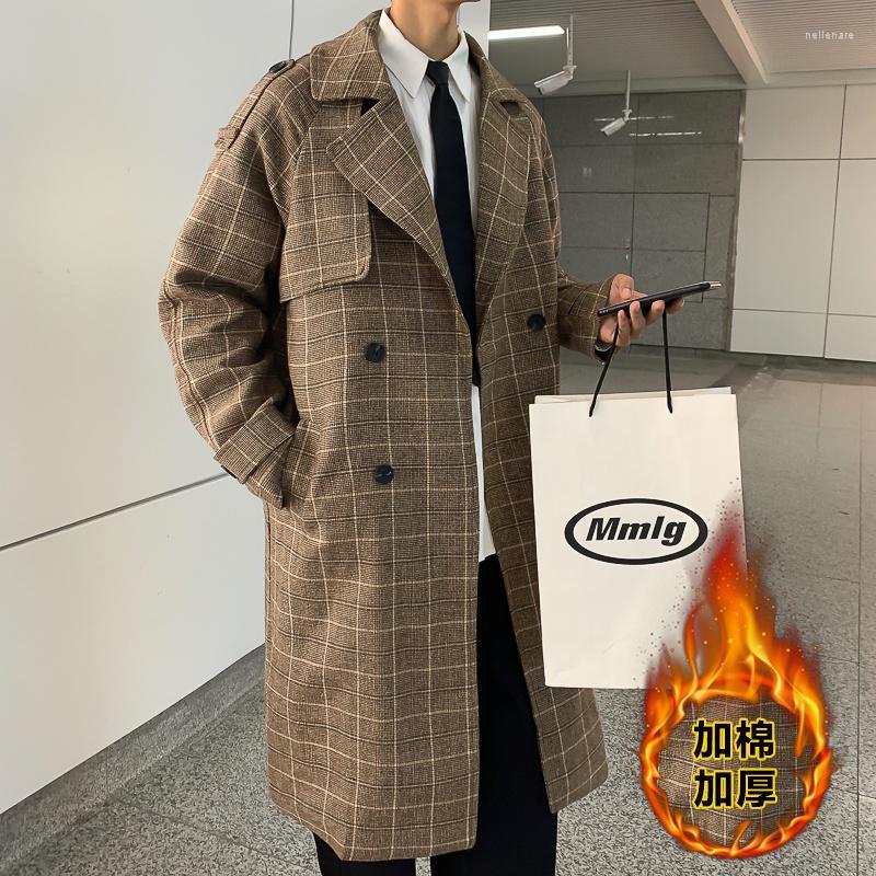 

Men's Wool & Blends Winter Thick Long Woolen Coat Men Warm Fashion Casual Plaid Korean Loose Oversized Mens Overcoat Nell22, Black
