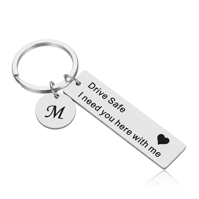 

Keychains Custom Keychain Gift For Men Her Engrave Keyring Drive Safe I Need You Here With Me Couples A-Z 26 Initials Letter Pendant