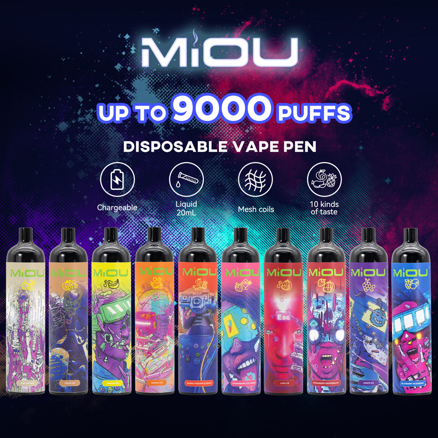 

Original Miou 9000 Puffs Bars Disposable E cigarettes Vape Pen 20ml Pre-filled Pods Cartridge 750mAh Pure cobalt battery