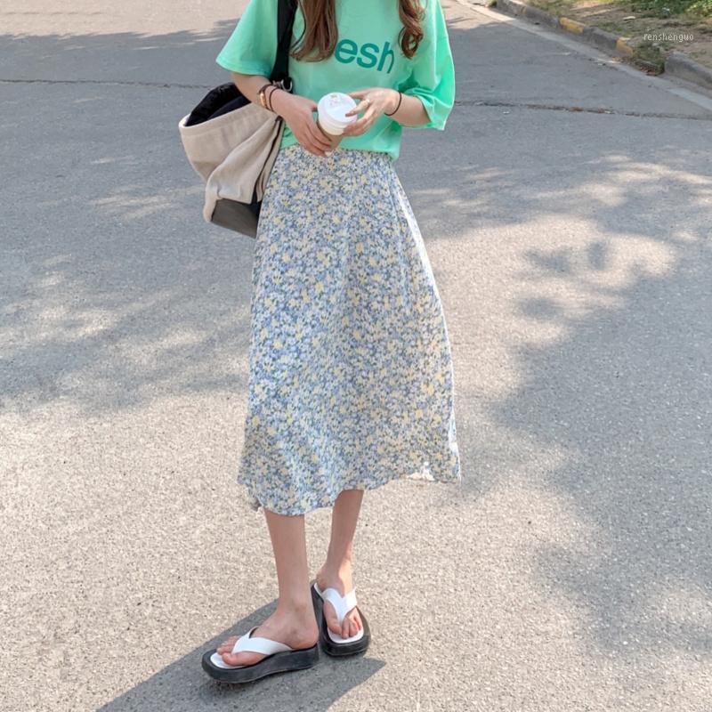 

Skirts Mid-length Skirt Floral Female Summer Style High Waist Korean Version Of The Wild A-line Trend, Blue floral
