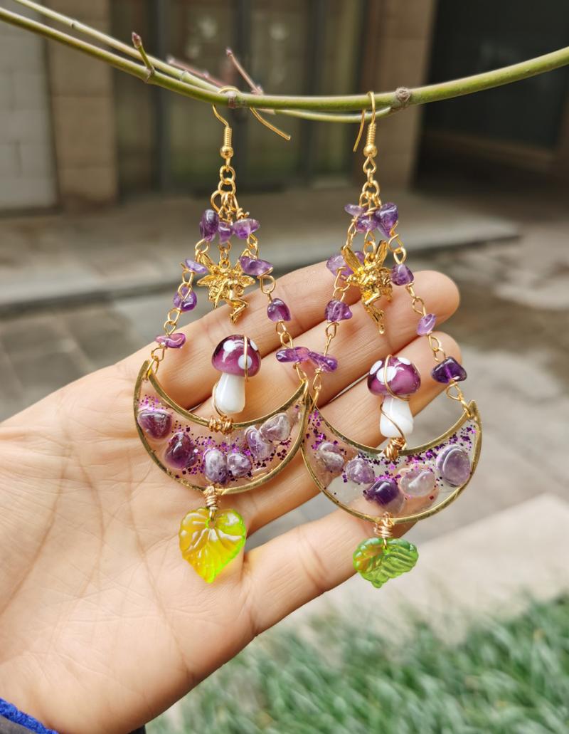 

Dangle & Chandelier Mushroom Standing On Golden Moon With Fairy Amythest Earrings Cottagecore Jewelry Witchy BohoDangle