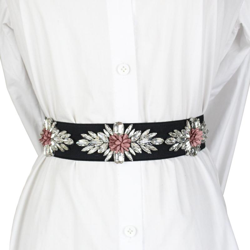 

Belts Cost-effective Designer Belt Ladies Elastic Diamond Flower Decoration, Black