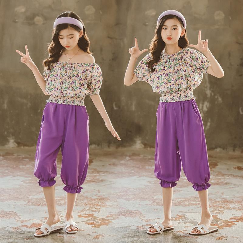 

Clothing Sets 2pcs/set Children Clothes Floral Tshirt Pants For Girls Casual Style Big Teenage Summer Kids Tracksuit KoreaClothing, Flower suit purple