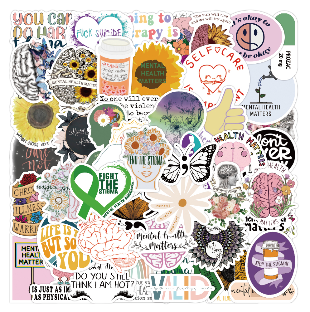 

50PCS Mental Health Cartoon Inspirational Text Stickers Aesthetic For Kids Toys Skateboard Diy Banners Helmet Laptop Luggage Cas