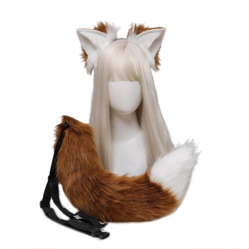 

Berets Cosplay Furry Animal Ears Hair Hoop Tail Set Fancy Dress Costume Long Fur Headpiece For Halloween Party Decoration, Bk