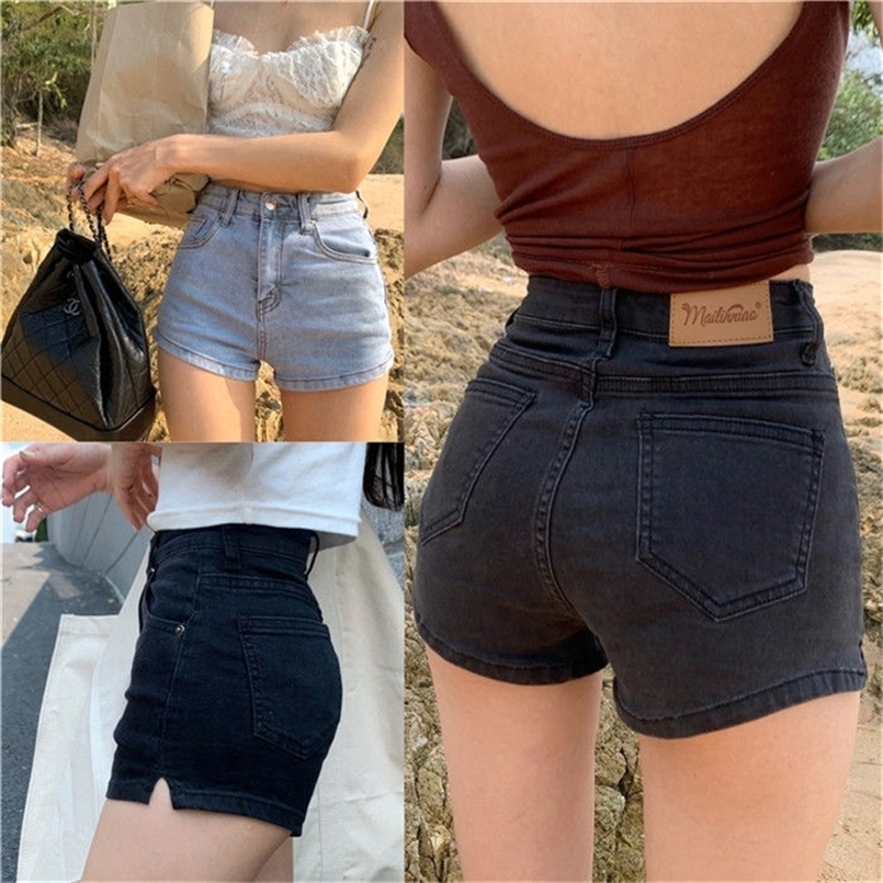 

High Waist Clothing Korean Vintage Summer Wide Leg Fashion Short Pants Women's Elastic Sexy Casual Jean Denim Shorts Female 220419, 720 black