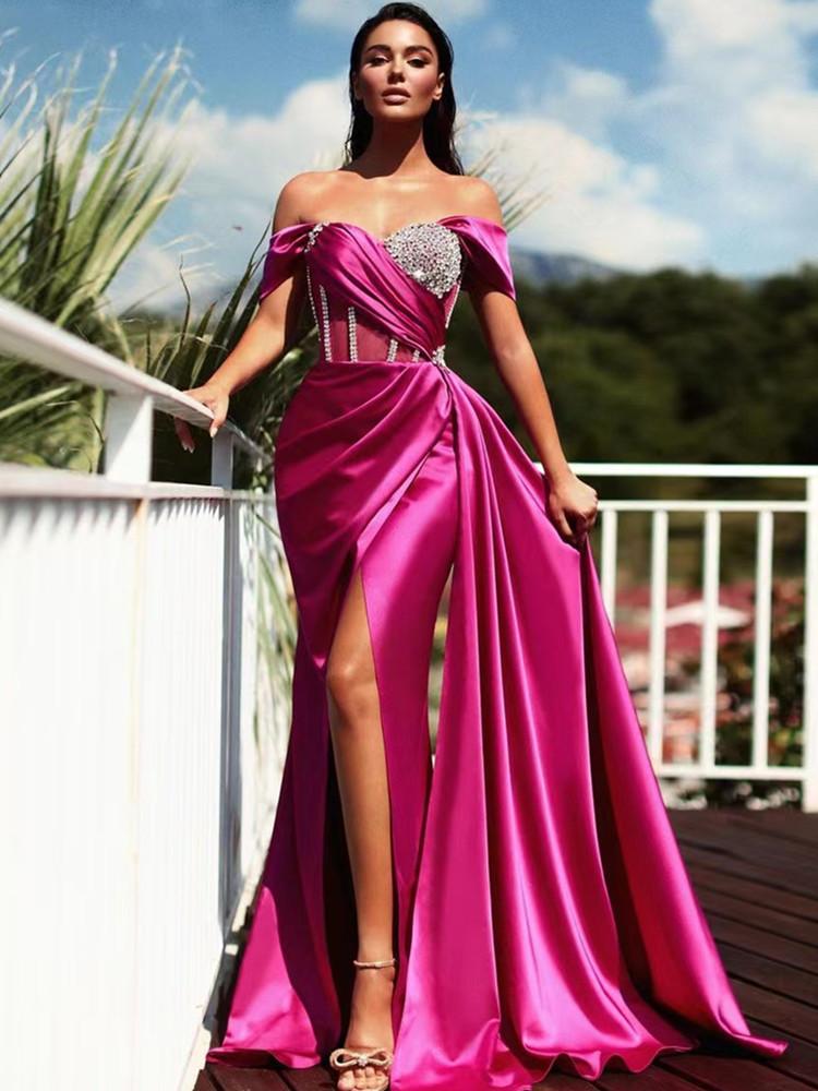 

Party Dresses Luxury Fuchsia Maxi Long Dress Women Elegant Strappy Cross Off Shoulder Diamonds Split Birthday Celebrity Evening DressesParty, Rose red