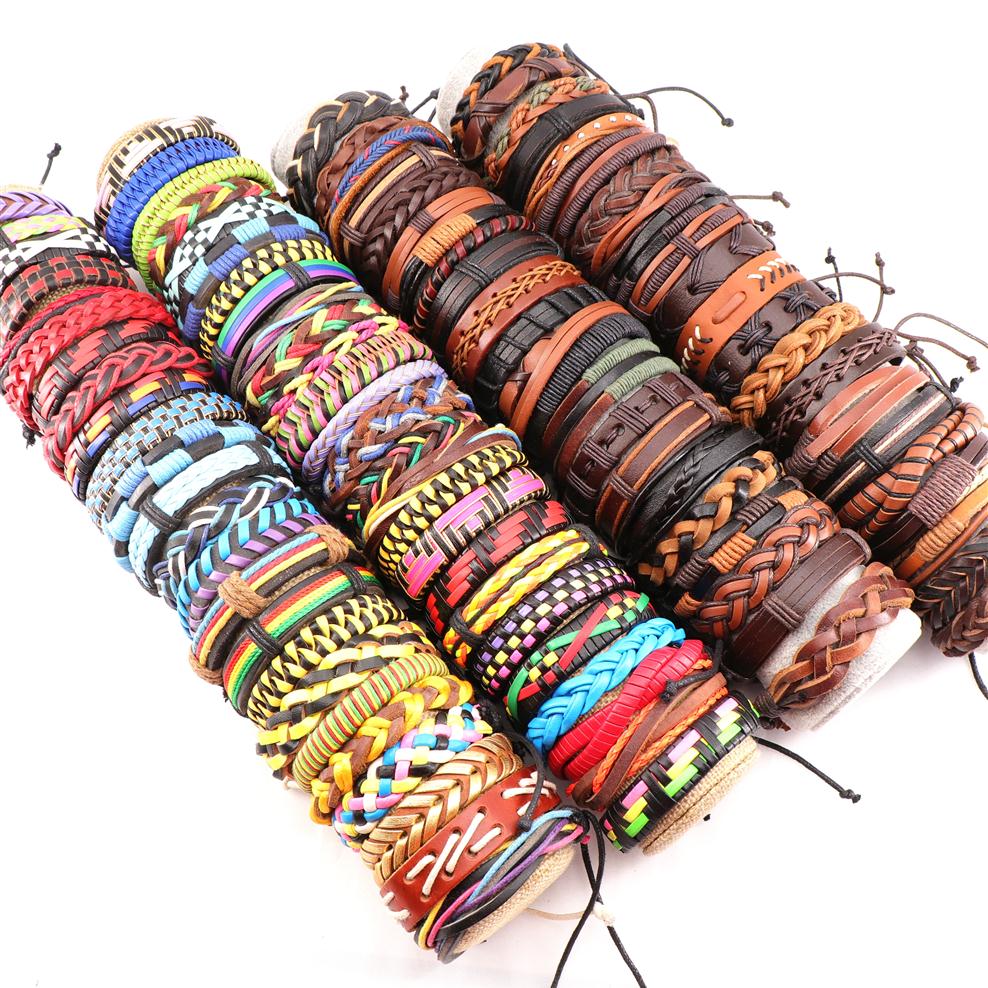

Whole Bulk 50PCS/Lot Vingate Leather Cuff Bracelets For Men's Women's Jewelry Party Gifts Mix Styles Size Adjustable274r