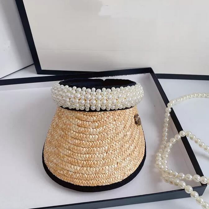 

Women Straw Pearl Sun Hats Pearls Designers Empty Top Letter Printed Hat Grass Braid Summer Sun Ultraviolet Protection Raffia Wide Brim Caps, Khaki (without box)
