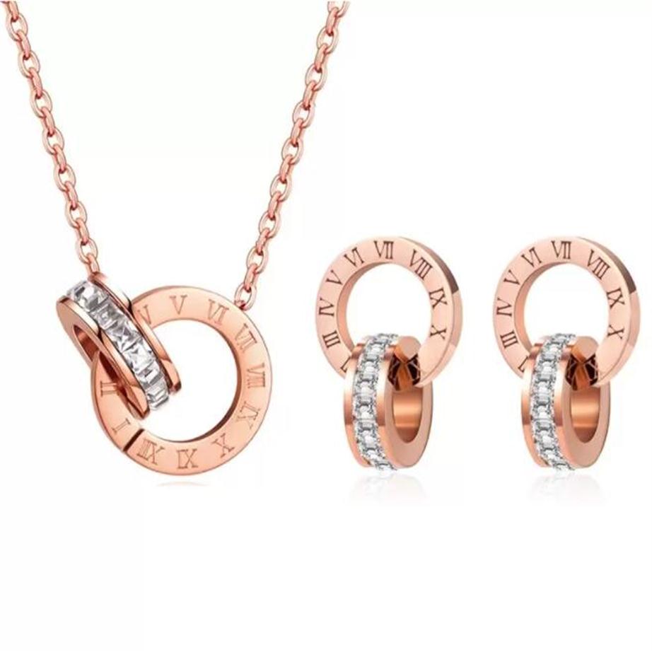 

Luxury Elegant Love Numeral Crystal Necklace Set Roman Numerals earrings For Women Fashion Stainless Steel Pendant Trend Designer 270p