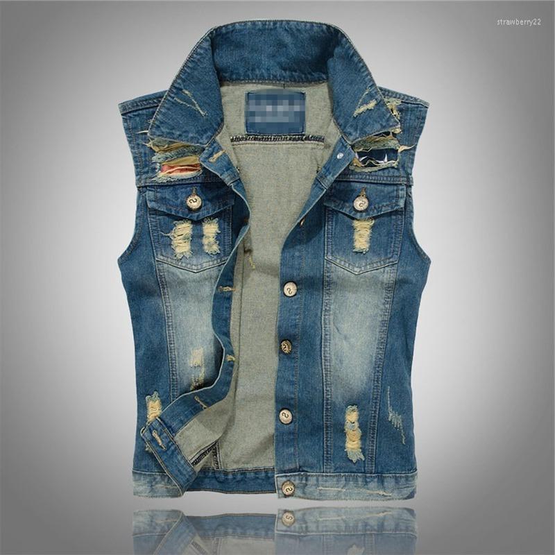 

Men's Vests 2022 Men Hole Design S Denim Jeans Vest Vintage Sleeveless Jacket Frayed Blue Mens Lightweight Stra22