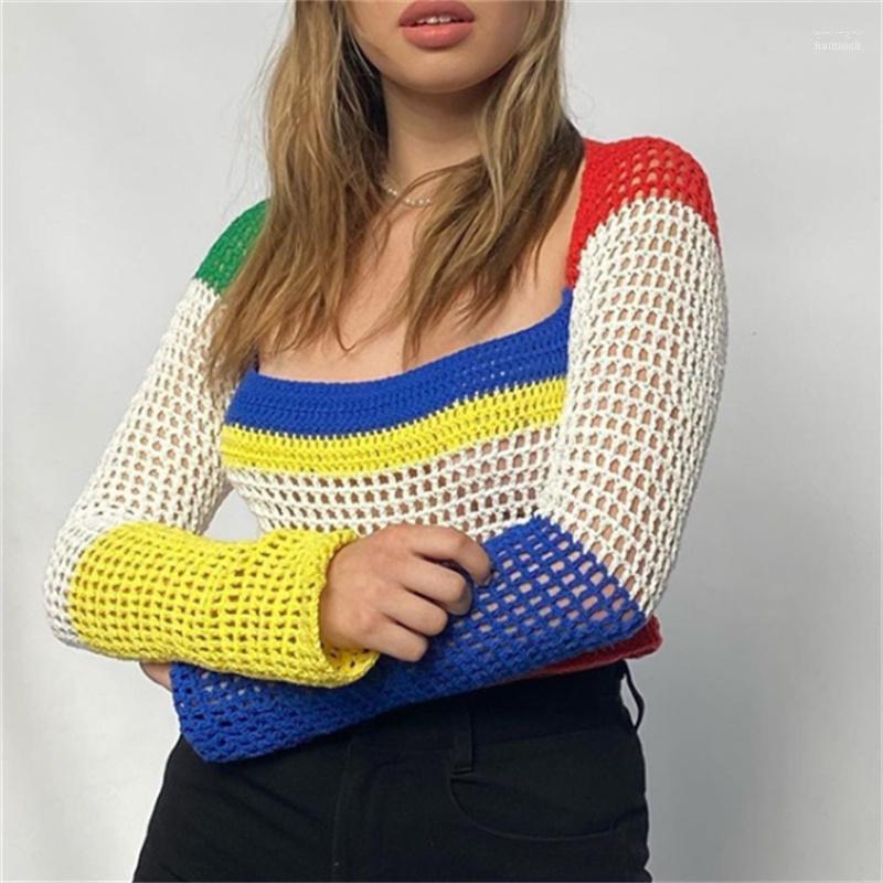 

Women' Sweaters Women Hollow Out Knitwear Sweater Autumn Winter Fashion Casual Variegated Color Square Collar Long Sleeve Pullovers Tops Je, Blue