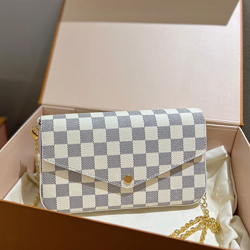 

Checker Crossbody Bags Chain Shoulder Bag 3ps Women Flap Envelope Handbag Wallets Card Holder Pocket Genuine Leather Hardware Hasp High Quality Purse Two Straps, Box
